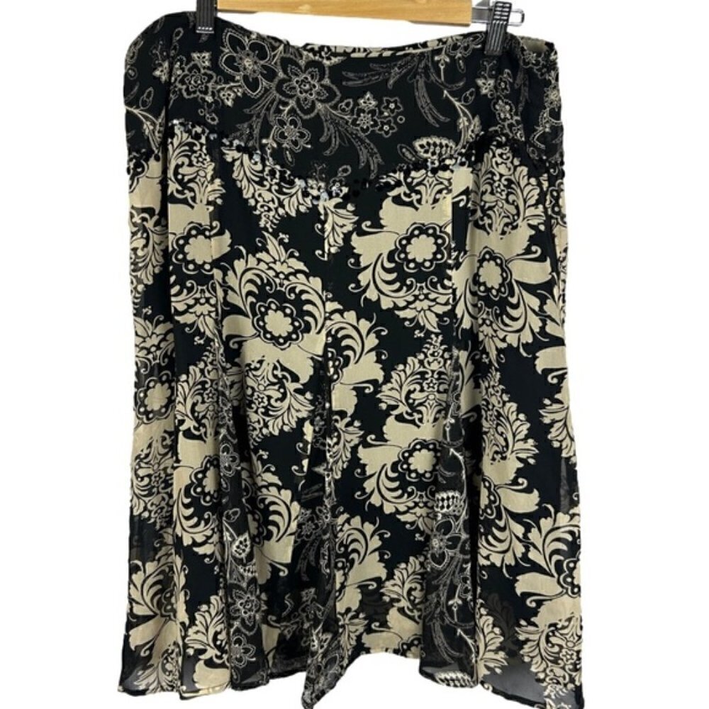 Mac & Jac 100% Silk Skirt Black Beige Floral Beaded A-Line Size 14